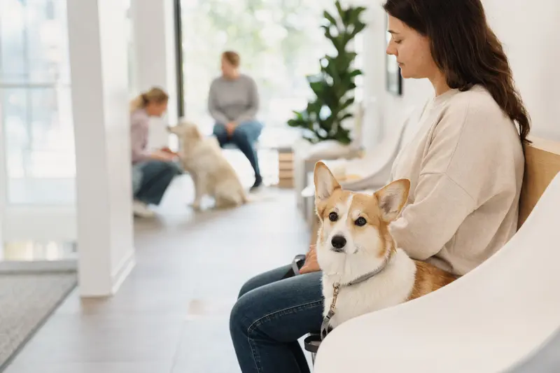 Ein Corgi sitzt ruhig neben seinem Besitzer im hellen Wartezimmer einer modernen Tierarztpraxis.